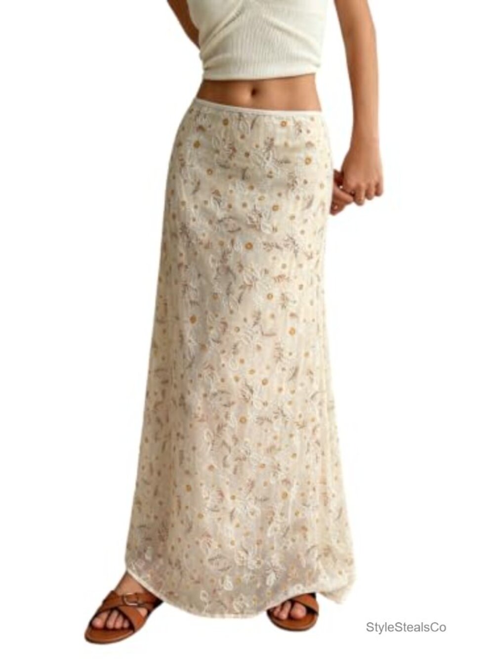 Floral Embroidered A-Line Maxi Skirt Low Rise Boho Summer Long Skirt